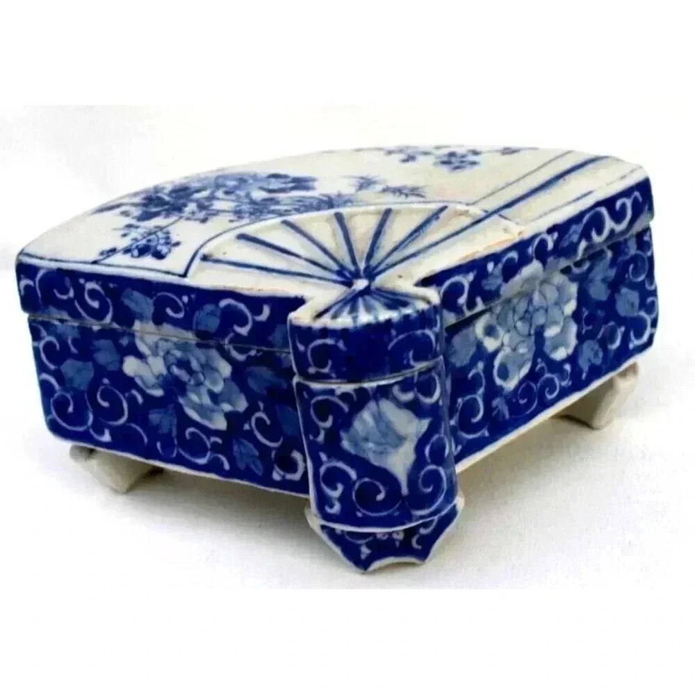 Vintage Antique Porcelain Asian Japanese Asahi Fan Trinket Footed Jewelry Box